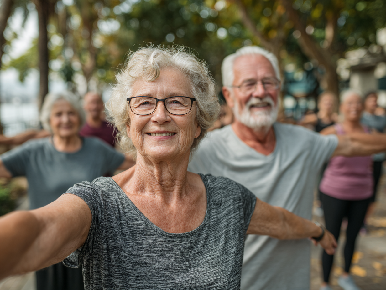 Група възрастни хора правят упражнения в парк